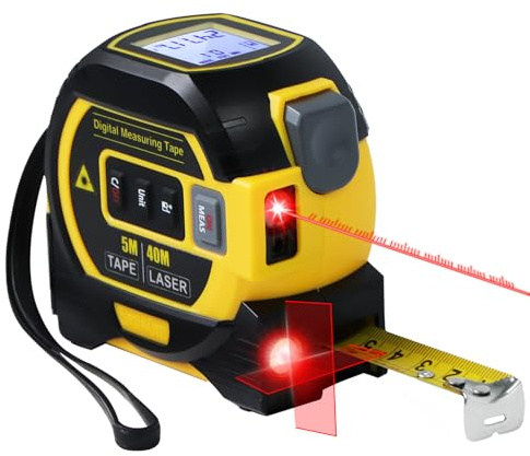 AYHEASFL Metro a nastro laser 3 in 1 con ampio display LCD | Strumento di misurazione laser digitale in/ft/m scala fino a 40 m con calcoli | Metro a nastro 4,9 m/5 m e laser a linea trasversale giallo