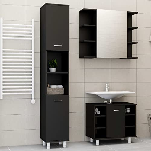 3-tlg. Badmöbel-Set Schwarz Holzwerkstoff,Stilvolles BadmöbelSet mit Hochschrank, Waschbeckenunterschrank und Spiegelschrank für optimale Aufbewahrungslösungen im Badezimmer Badezimmermöbel Sets