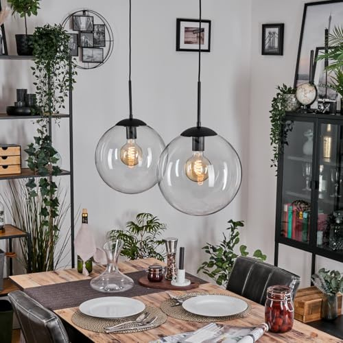 HOFSTEIN Hängeleuchte Gastor, 2-flammige Hängelampe aus Metall/Glas in Schwarz/Klar, Retro/Vintage-Design (Ø 30cm), E27, Pendelleuchte höhenverstellbar bis max. 127cm, Esszimmer, Wohnzimmer, Küche