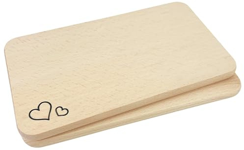 Schneidebrett aus Buchenholz mit Herz Gravur - 2er Set Frühstücksbrettchen natur - Holzschneidebrett klein für Küche - Jausenbrett für Brotzeit - DwieDeko®