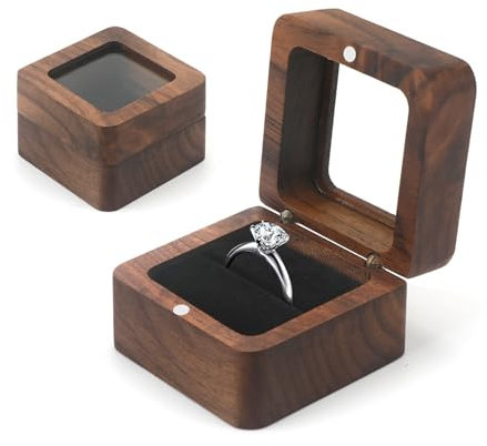 MUCOOS Ringbox Hochzeit, Ringschatulle, Ringbox Holz, Quadratische Ring Box aus Walnuss mit Transparentem Sichtfenster, Schwarzer Samt Verkleidung, Ringkästchen für Hochzeit, Verlobung