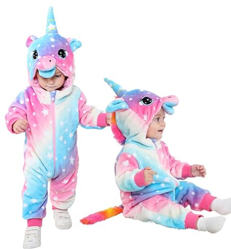 LOLANTA Småbarn, regnbåge, enhörningsdräkt, flicka, plysch med huva, sparkdräkt för baby, blå, rosa, 18–24 månader