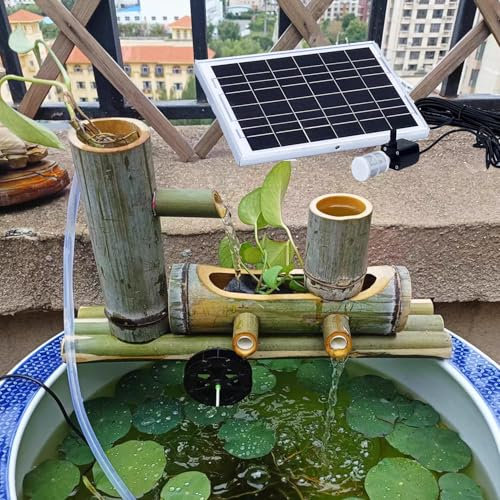 Décoration de Jardin pour l'extérieur, Fontaine à Eau Solaire de 20 Pouces avec Roue Feng Shui, Fontaine à Eau Solaire en Bambou pour l'extérieur, Bain d'oiseaux avec Trois Trous d