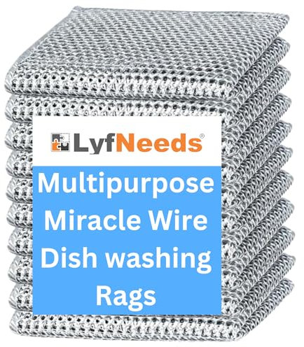 LyfNeeds Non Scratch Wire Dishwashing Rag, 8 Pack Double Layer Reusable Wire Dishcloth, Silver Mesh Metal Cleaning Cloth for Pots, Pans, Sink, Steel Cookware, Wet & Dry Cleaning