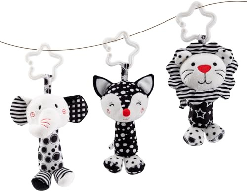 JINBOBUBU Black & White Baby Wind Chime Hanging Toys - High Contrast Rattles for Newborns 0-12 Months, Stroller & Car Seat Mobile, Hanging Rattle Toys for Babies, Clip Hanging Plush Squeeze Toys