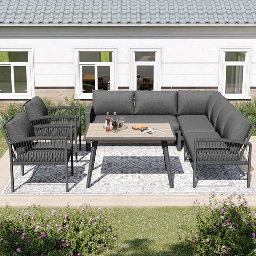 MOBETTRES Garten-Lounge-Set, Möbelset für 8 Personen, Seilwerk, großer Tisch mit Holzmaserung, mit verzinktem Eisengestell, verstellbare Beine, alle Sitz- und Rückenkissen inklusive, grau