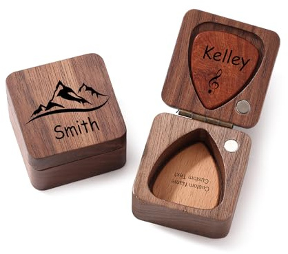 MeMeDIY Individuelle Gitarrenplektren mit Etui Personalisierter Gitarrenplektren Halter aus Holz mit Eingraviertem Namen Text Individuelle Geschenke für Männer Frauen Musikliebhaber - B3