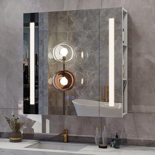YU YUSING Spiegelschrank Bad mit LED Beleuchtung 70x16x70cm, Beschlagfrei | Badezimmerschrank mit Regal und Tür, Badschrank mit LED-Spiegel, 3 Farben Dimmbar, Badspiegel Hängeschrank, Holz Weiß