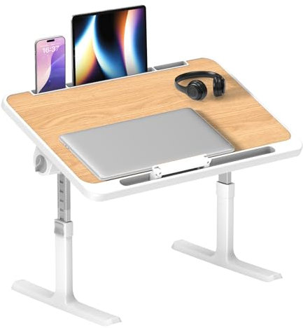 Laptoptisch fürs Bett 60x40cm, Höhenverstellbarer Lapdesk mit Tablet-Ständer & Anti-Rutsch-Kante, Klappbarer Betttisch mit 4 Neigungswinkeln, Faltbarer Frühstückstisch für Sofa, Couch & Boden, Walnuss