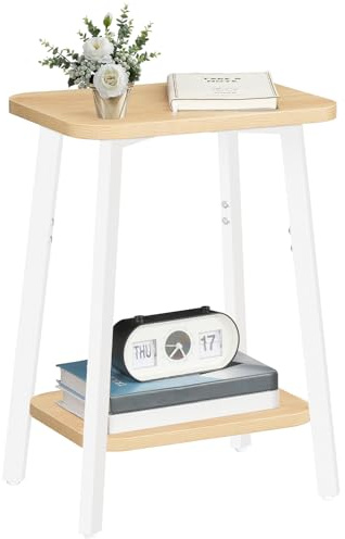 MAHANCRIS Beistelltisch, Schmaler Couchtisch, Kleiner Tisch, Nachttisch mit Ablagen, Sofatisch, Metallgestell, für kleine Räume, Wohnzimmer, Schlafzimmer, Weiß und Naturholzfarben AETBN4701