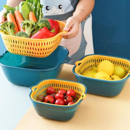 6 Stück Multifunktion Küchensieb Set, 2-in-1 Küche Sieb, Kunststoff Seiher, Nudelsieb, Doppelschicht Abflusskorb Reis für Obst Gemüse Reis Sieb (Gelb)