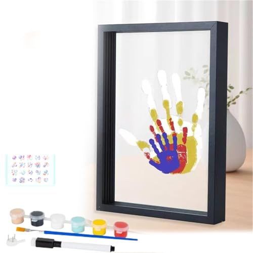 Family Handprint Kit, Family Keepsake Gifts Ideas, Glass Handprint Frame, Shadow Box Frame Hand Print for 4, Easy Install, No Need Screw Etc, DIY Gifts Ideas(Black)