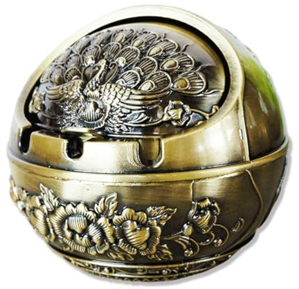 Cenicero de Metal Vintage Cortavientos con Relieve de Pavo Real – Cenicero de Mesa para Salón, Oficina, Estudio – Regalo Ideal para Hombres (C)