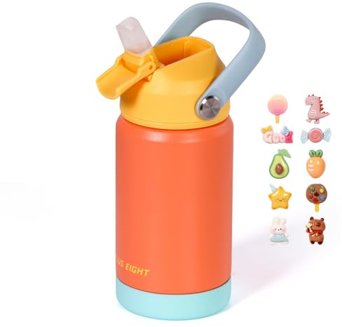 pluseight Bouteille d'eau isotherme pour enfants avec couvercle à paille, 350 ml, gobelet sous vide à double paroi sans BPA en acier inoxydable 18/8 anti-fuite avec paille pour l'école, les voyages