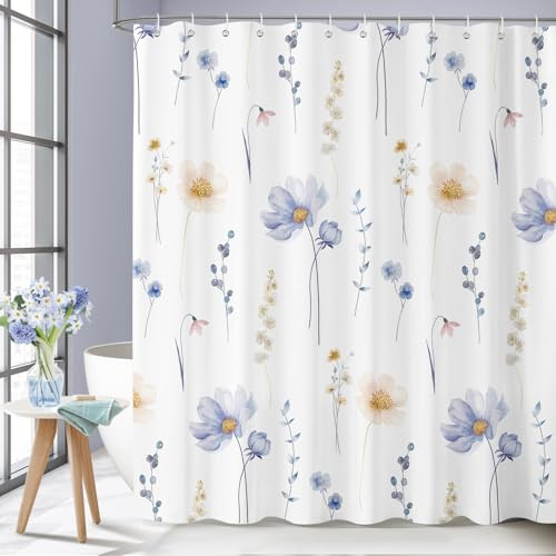 Dazzlewall Watercolour Floral Shower Curtain 180 x 180 cm, Blue Orange Ink Flowers Leaves Shower Curtain for Bathroom, Waterproof Mould Resistant Fabric with 12 Hooks