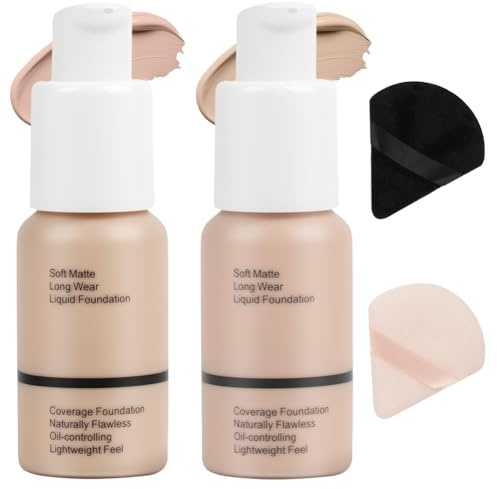 ALIIP 2PC Fondotinta Liquido Infaillible 24H, con 2 Piumino da Cipria, Incarnato Uniforme e Illuminato, Finish Naturale, per Tutti i Tipi di Pelle, Tonalità: 102&104