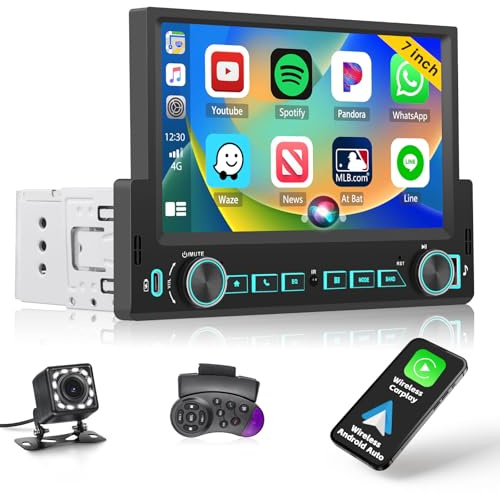 Inefala 1 DIN bilradio med trådlös CarPlay Android Auto Mirror Link, 1 Din Bluetooth stereo pekskärm för bil med FM-radio EQ SWC USB & Type-C SWC MIC Infällbar kamera