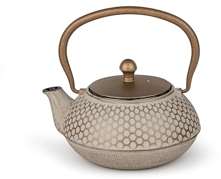 Bredemeijer kleine Asia Gusseisen Teekanne 0,7 Liter - gusseiserne Kanne in warmen Beige-Gold-Ton mit Edelstahl-Teefilter - für alle Teesorten geeignet