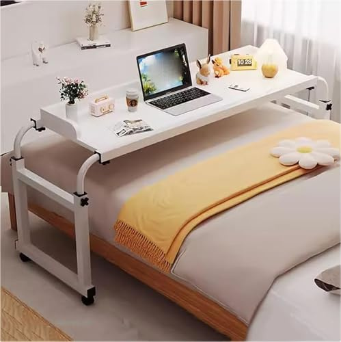 Generisch Betttisch mit Rollen, höhen- und breitverstellbar, freistehend, mobil, für Schlafzimmer/Wohnzimmer/Büro, Bett-Arbeits-/Esstisch(White,140 * 45 * 65-95cm)
