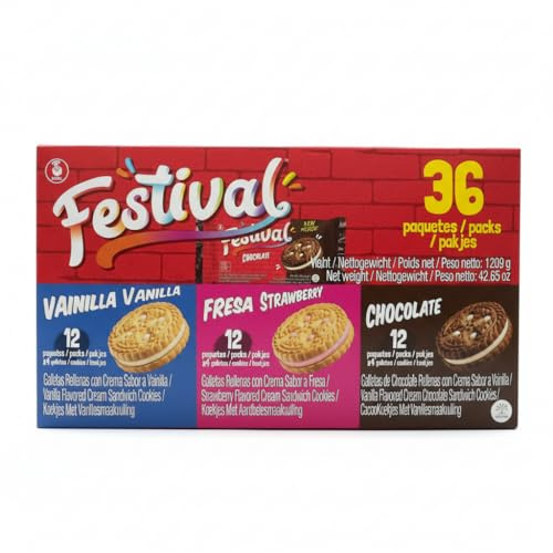 PACKNEXU Noel Festival Surtido de Galletas Rellenas tipo Sándwich - 36 Paquetes Individuales (144 Galletas) - Sabores Vainilla, Fresa y Chocolate, 1209g - Snack Ideal para Merienda y Niños