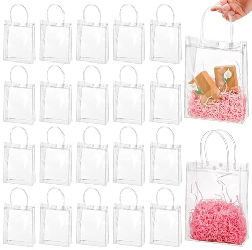 25 Stück Transparente PVC-Geschenktüten mit Griffen, 15 x 13 x 7 cm Transparente Süßigkeitentüten, klare Taschen für Geschenke, Tragetasche, Bulk Geschenktüten, Mitgebsel,Wiederverwendbare