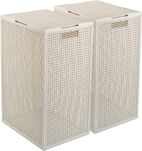Curver Kaya Wäschekorb mit Deckel – 2er-Set – je 60 Liter – 38×29×58,5 cm – Weiß – Kunststoff – mit Belüftung