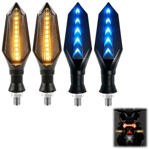 4 Piezas 12V Universal Intermitentes para Motocicleta,Luces LED Bicolor Ámbar y Azul con 17 LEDs,Luces de Giro,Diurnas y de Frenado,Impermeables,Fáciles de Instalar,Aptas para Moto,Quad,ATV y Scooter