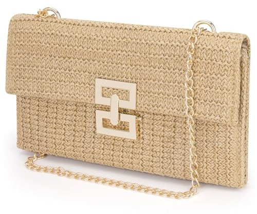 Niboken Damen Stroh Clutch Geldbörse, Handtasche Sommer Umhängetasche mit Metallkette, Gewebtes Stroh Strand Umschlagtasche für Party und Strand (Braun)
