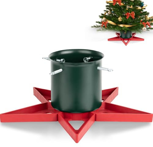 Pied de sapin de Noel: support pied sapin de Noël avec réserve d'eau, pied de sapin avec roulettes metal pour arbres jusqu'à 2 m de tronc 3 à 12 cm - Christmas Tree Stand Star rouge