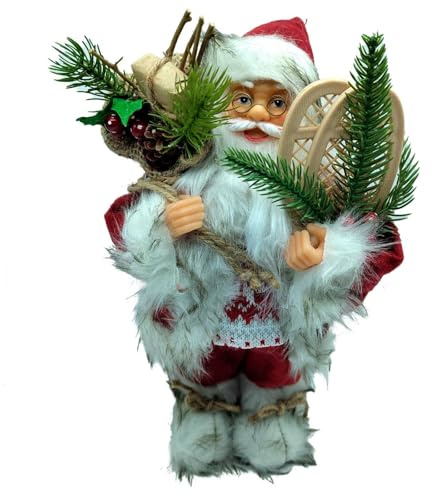 AC - Figura de Papa Noel con Bolsa de Regalo y Raquetas - Fabricado en Poliéster y Plástico - Artículo Decorativo para Navidad - 30 x 19 x 11 cm