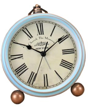 TOPBATHY Reloj De Mesa Retro Metálico Estilo Americano Sin Pila Despertador Analógico Vintage Azul con Números Romanos para Decoración De Hogar y Oficina