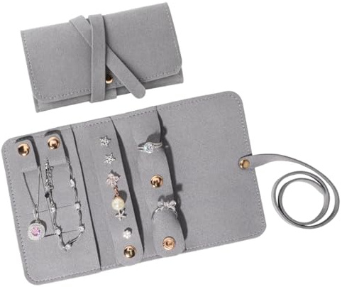 Rolin Roly Leder-Schmuckrolle, tragbare Schmuckaufbewahrung, Reise-Schmucktasche für Halsketten, Armbänder, Ringe, Geschenke für Frauen (grau)
