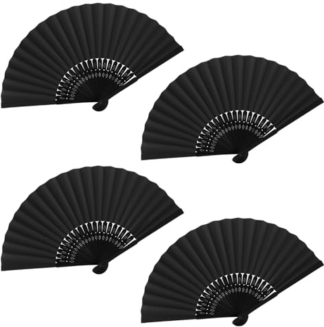 Fächer Schwarz, 4 Stück Handfächer Faltbare Fächer, Klein Handfächer aus Stoff für eine Abkühlung im Sommer, Taschenfächer Klappfächer für Hochzeite Bevorzugung Aufführung Tanz
