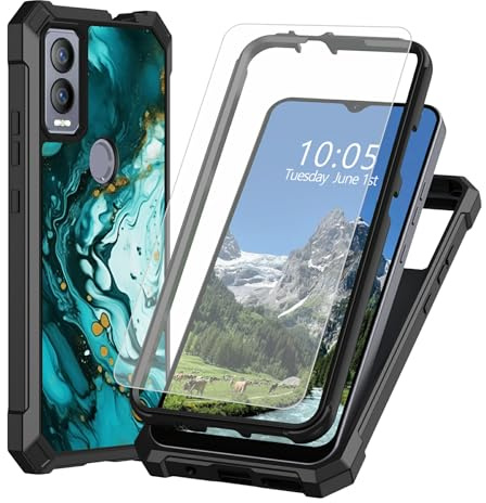 DIGTIALL Fodral för Cricket Magic 5G/ATT Propel 5G 17,2 cm med skärmskydd i härdat glas, dubbla lager kraftigt stötsäkert skyddande fodral, blågrön