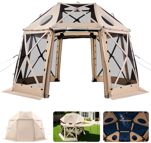 VEVOR Pop up Gazebo Screen Tent, 12 x 12 ft, 13-Sided Spherical Camping Canopy Tent with Removable Top & Carry Bag, Quick-Set & Bite-Proof, Screen House Sun Shelter for 8-10 Persons, Beige