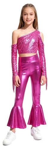 Kaerm Bambina Costumi da Danza Jazz Moderna Hip Hop Tuta da Ballo Disco con Paillettes Lucido Completo da Ballo Latino Tango Crop Top Monospalla + Pantaloni Leggings Rosa caldo 5-6 anni