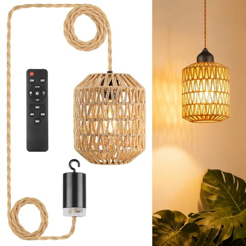 Hängande rottingljus, batterilampa med fjärrkontroll, bärbar boho lampskärm, hänglampa utomhus, batterihängande lampa för terrass, bar, trädgård uteplats