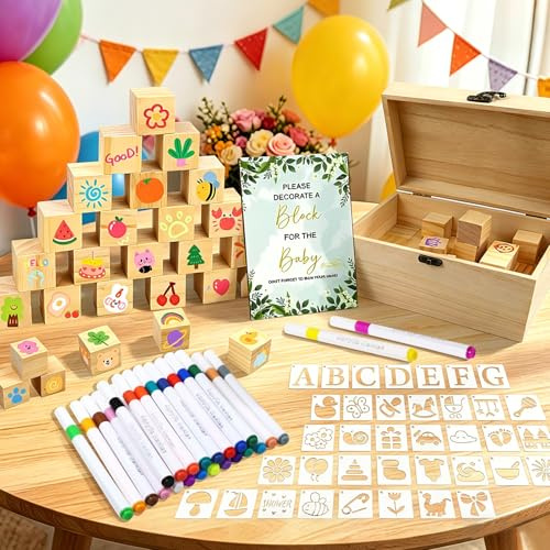 182 Stück Babyparty Spiele Set für Baby Shower Spiele & Gender Reveal, mit 56 Holzwürfeln zum Bemalen, 100 Schablonen, 24 Acrylstiften, Holzschild & Holzbox, Kreativität Geschenk für Werdende Mama