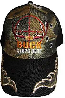 AES The Buck Stops Here Hunting Deer Black Back Camouflage Embroidered Cap Hat