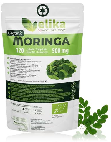 Moringa Oleifera Elikafoods® ORGÁNICA. 120 comprimidos 500 mg. Superfood natural: Vitaminas, proteínas, minerales, antioxidantes. Energizante natural. Vegana, sin gluten y libre de aditivos.