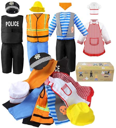 Jeowoqao Boy's Dress Up Costumes Set, Kids Role Play Set 11pcs Dress Up Trunk Pirate, Chef, Construction Worker, Policeman Costume For Kids Girls Toddler Age 3 4 5 6 Christmas Birthday Gift
