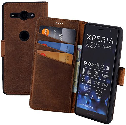 Suncase Book-Style kompatibel für Sony Xperia XZ2 Compact Hülle (Slim-Fit) Leder Tasche Handytasche Schutzhülle Case (mit Standfunktion und Kartenfach - Bruchfester Innenschale) in antik Coffee