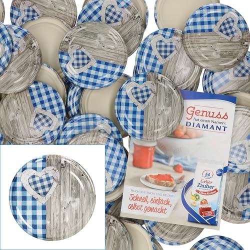 MamboCat 50er Deckelset TO82 Holz-Herz blau-weiß I Twist-Off-Deckel für Sturzgläser I Rundrand I Einkochen & Konservieren I passend für 230ml/350ml/435ml