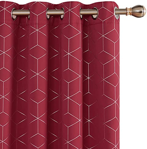 Deconovo Blackout Curtains, Eyelet Curtains, Super Soft Thermal Insulated Curtains, Foil Diamond Printed for Bedroom, 66 x 72 Inch(Width x Length), Red, One Pair