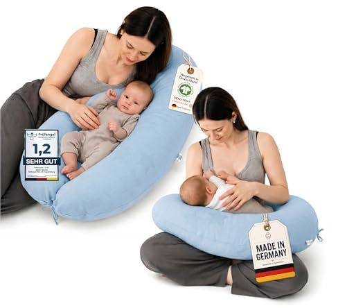 Minky Mooh® - Stillkissen XXL Bio Baumwolle (Öko-Tex 100) mit Kapok Füllung (190x30cm) blau - Großes Baby-Kissen zum Schlafen, Stillen & Flasche geben, Schwangerschaftskissen & Seitenschläferkissen