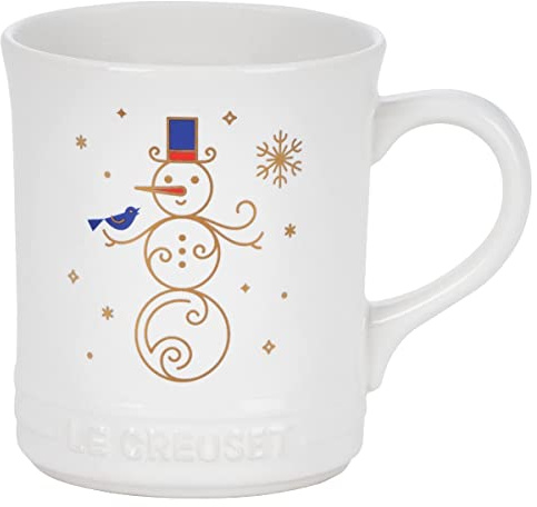 Le Creuset Noël Collection Tasse aus Steingut mit goldfarbener Applikation, 400 ml, Schneemann