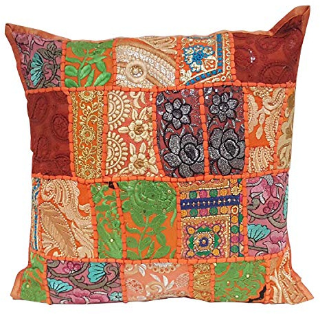 Casa Moro Coussin Patchwork Oriental Mar88 Orange 40x40 cm avec Rembourrage brodé et Paillettes - Belle décoration - Coussin de canapé, Coussin de Sol & idée Cadeau - MA8803