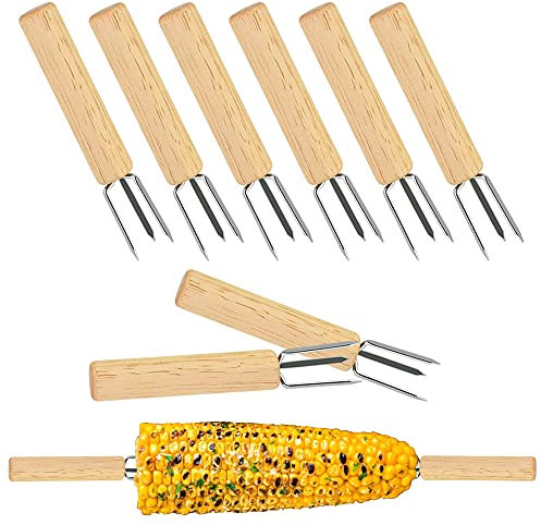 ANTHYTA 8 Stück Maisspieße Mais Halter Holz Maiskolbenhalter mit 3 Edelstahl Zinken Maiskolben Spieße Holz 10cm Lange Maisspieß Mais Pickser Holzgriff Corn Holder für Maiskolben Wurst Obst BBQ Camping