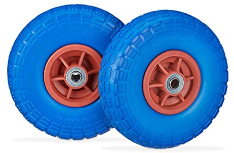 Relaxdays 2 Ruedas de Carro, Antipinchazos, Macizas, 4.10/3.50-4, Eje de 16 mm, hasta 150 kg, 260x85mm, Azul/Rojo