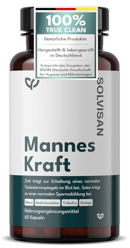 Solvisan® MANNES KRAFT Kapseln mit Zink, 60 Stück | Zink für eine normale Fruchtbarkeit, Selen, Maca, Tribulus, Bockshornklee und Ginko